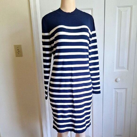 $89 Banana Republic Navy and White Striped Long Sleeve Dress Size Large - Picture 1 of 6